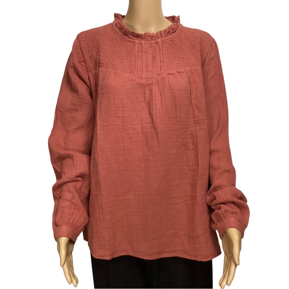 Sonoma Goods For Life Womens XL Terracotta Cotton Gauze Ruffle Smocked Blouse